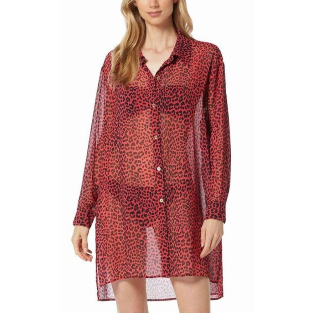 Michael Kors Womens Animal-Print Sheer Cover-Up Shirt Medium Sea Coral NWT $130